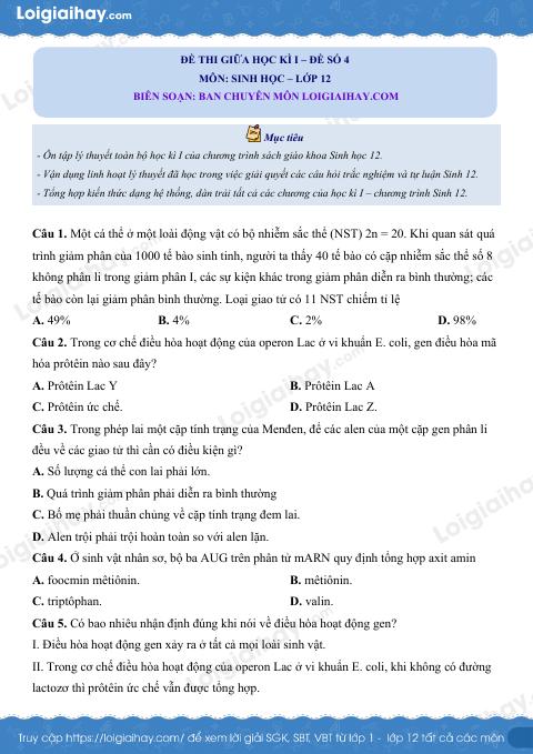 Đề kiểm tra giữa kì 1 Sinh 12 - Đề số 4 có lời giải chi tiết